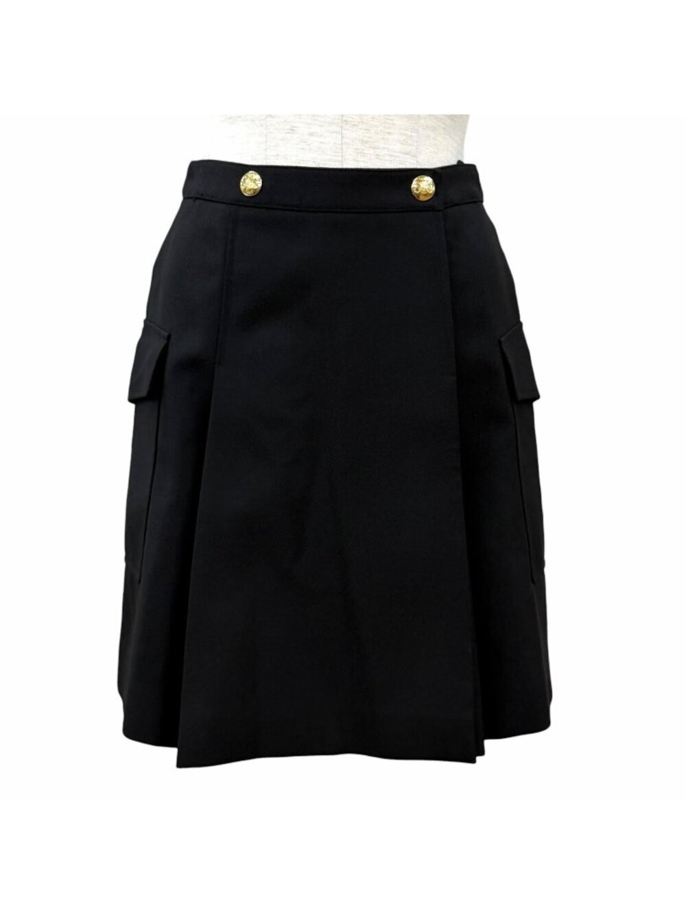 Celine Wool Mohair Blend Triomphe Gold Button Patch Pocket Wrap Skirt Black 34